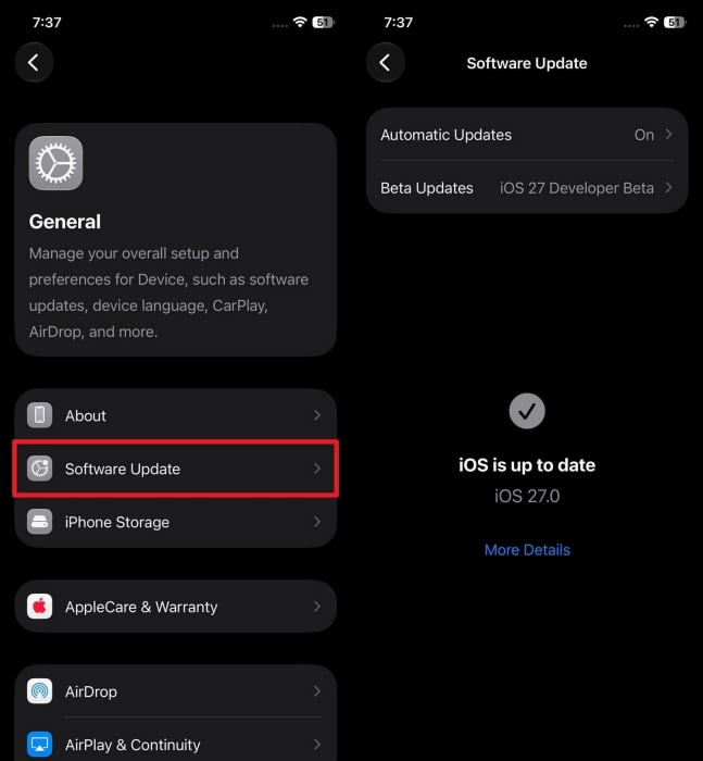 iOS 업데이트 상태 확인